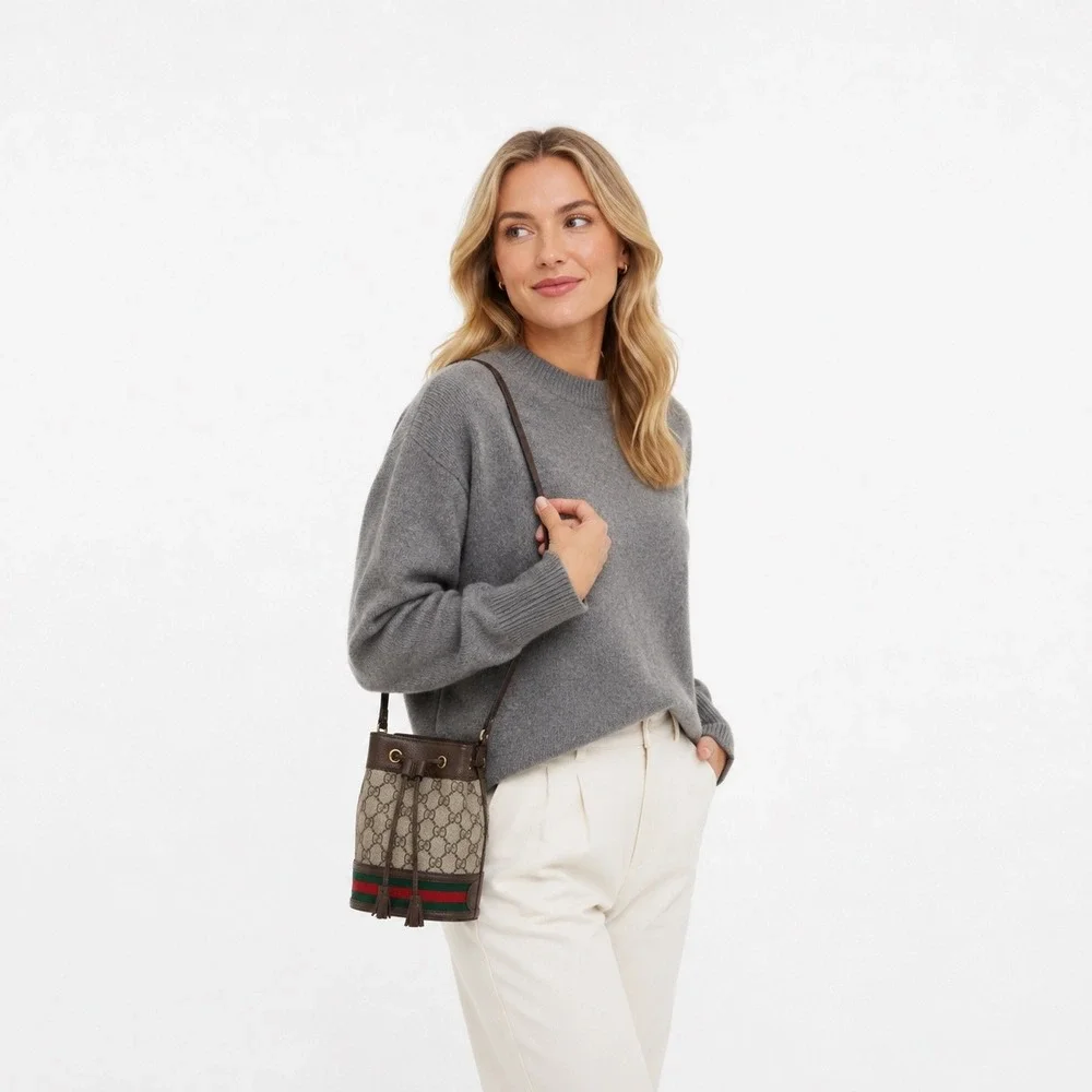 Gucci Ophidia Mini Bucket Crossbody Bag GG Supreme Web Stripe Tassel Luxury Chic